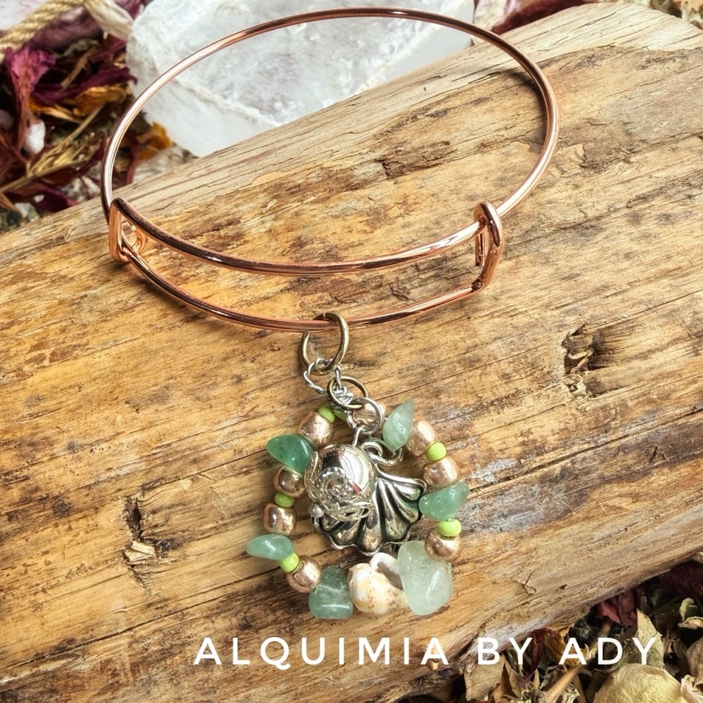 Rose gold green aventurine gemstones and shells charm adorned bracelet